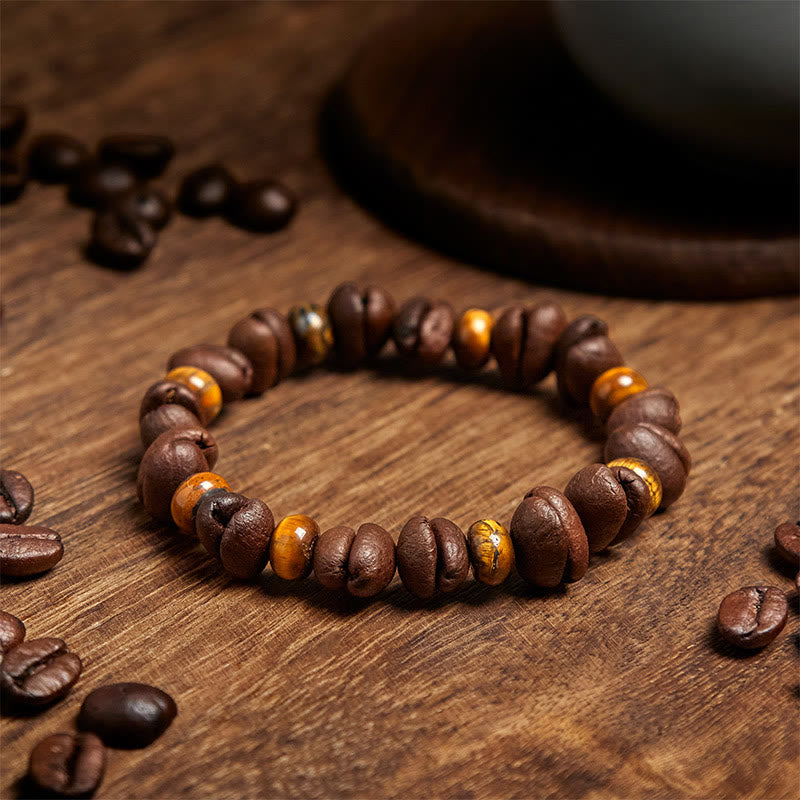 Bracciale con perle di pietra lavica, occhio di tigre, chicchi di caffè naturali e diaspro grigio Buddha Stones - image 3