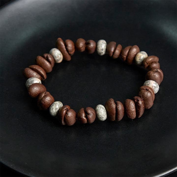 Bracciale con perle di pietra lavica, occhio di tigre, chicchi di caffè naturali e diaspro grigio Buddha Stones - image 9