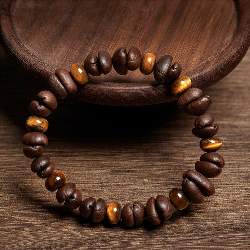 Bracciale con perle di pietra lavica, occhio di tigre, chicchi di caffè naturali e diaspro grigio Buddha Stones - image 2