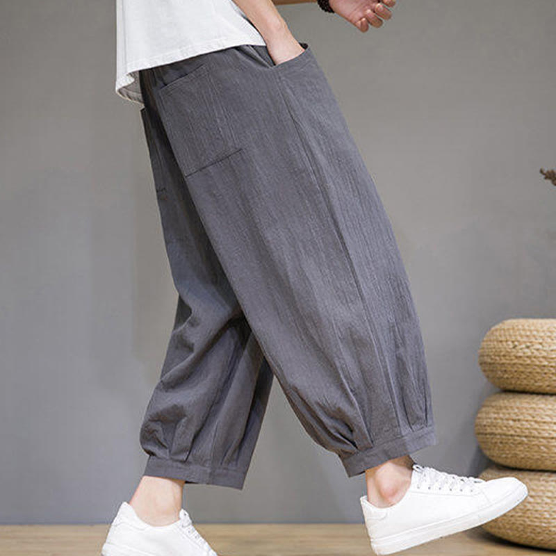 Buddha Stones Pantaloni harem casual da uomo in cotone, lunghezza 7-8, con tasche - image 5