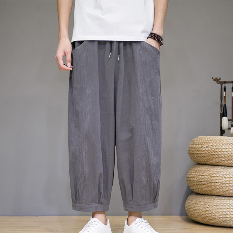 Buddha Stones Pantaloni harem casual da uomo in cotone, lunghezza 7-8, con tasche - image 2