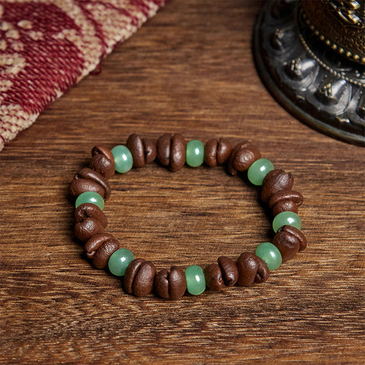 Bracciale con perle di giada Huanglong, Buddha Stones - Chicco di caffè e avventurina verde (circonferenza polso: 16 cm) - image 1