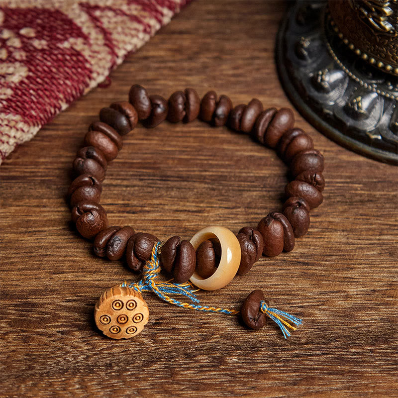 Braccialetto con semi di Bodhi in legno di wengé, Buddha Stones, semi di loto naturali, chicchi di caffè - Chicco di caffè (circonferenza del polso: 17,5 cm) - image 1