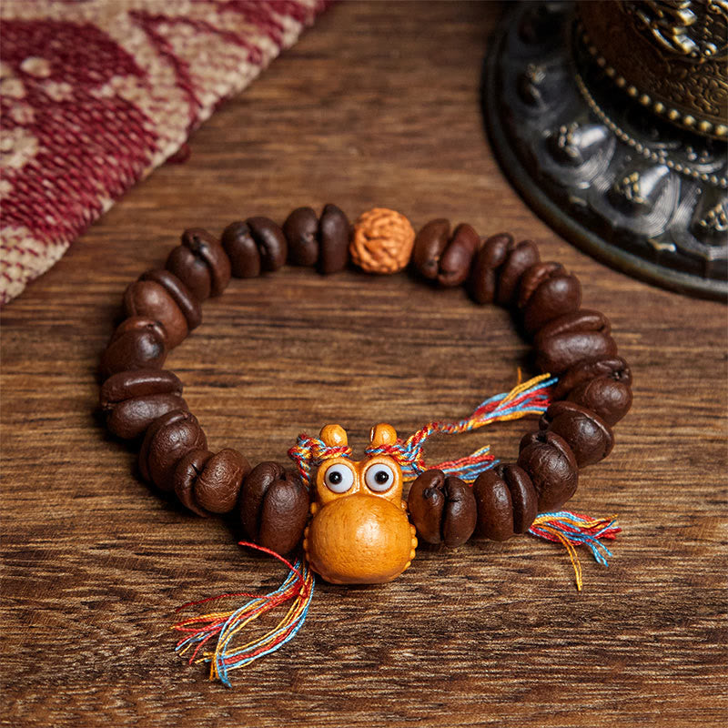 Braccialetto in legno wengé con chicchi di caffè e ippopotamo fatto a mano con Buddha Stones - Chicco di caffè (circonferenza del polso: 17,5 cm) - image 1