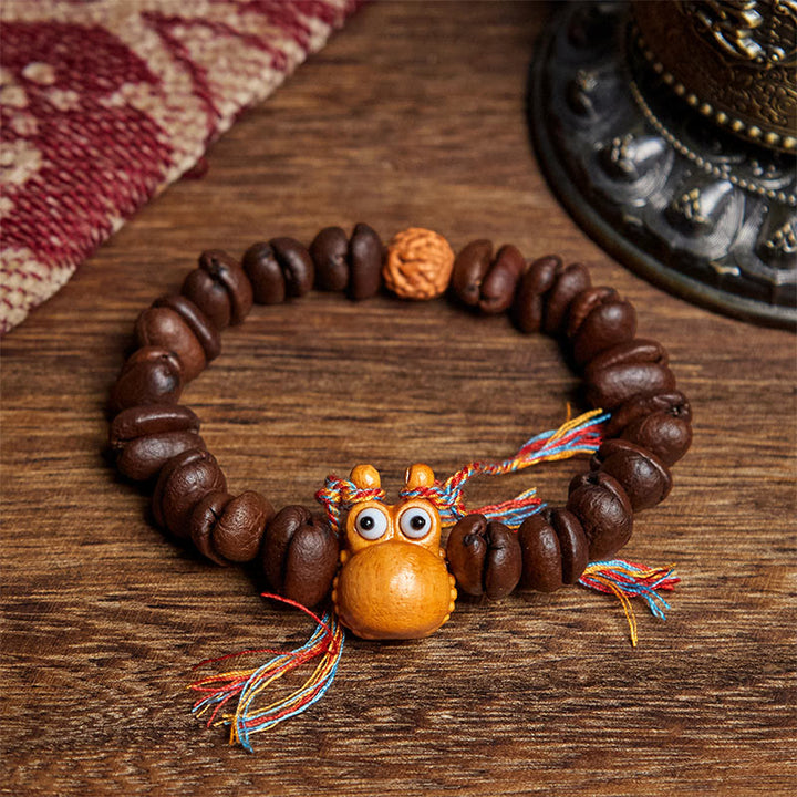 Braccialetto in legno wengé con chicchi di caffè e ippopotamo fatto a mano con Buddha Stones - Chicco di caffè (circonferenza del polso: 17,5 cm) - image 1