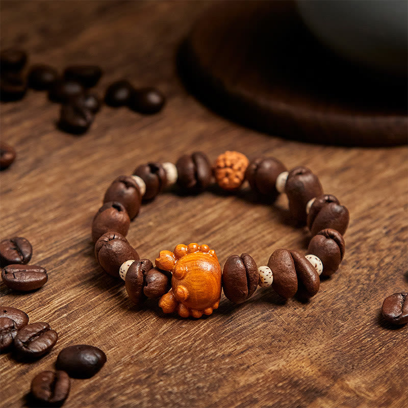 Bracciale in legno di wengé , Buddha Stones, granchio fatto a mano, monete di rame e chicchi di caffè. - image 3