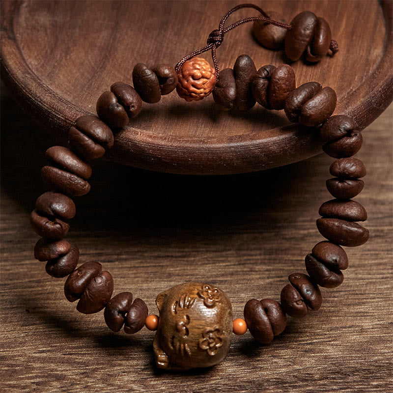 Braccialetto in legno di sandalo con chicchi di caffè veri e fatti a mano con gatto fortunato Buddha Stones - image 2