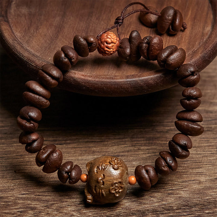 Braccialetto in legno di sandalo con chicchi di caffè veri e fatti a mano con gatto fortunato Buddha Stones - image 2