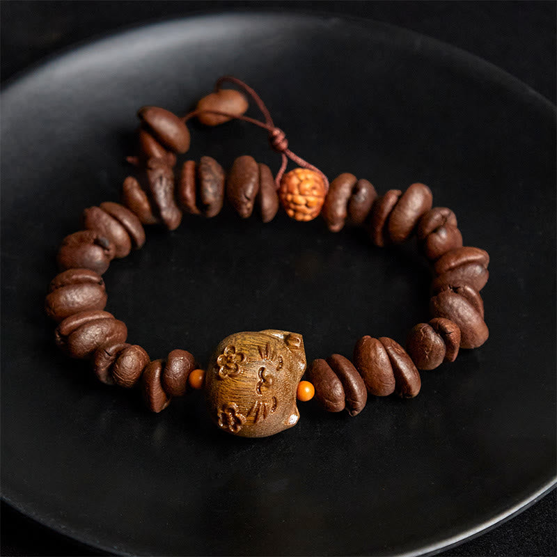 Braccialetto in legno di sandalo con chicchi di caffè veri e fatti a mano con gatto fortunato Buddha Stones - image 4