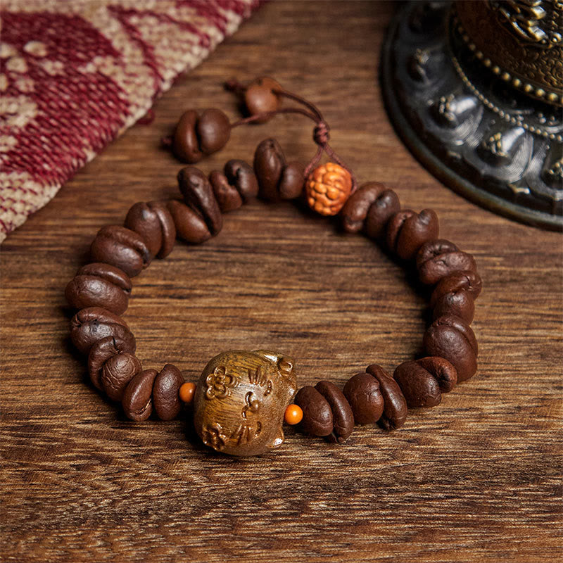 Braccialetto in legno di sandalo con chicchi di caffè veri e fatti a mano con gatto fortunato Buddha Stones - Chicco di caffè (circonferenza del polso: 17,5 cm) - image 1