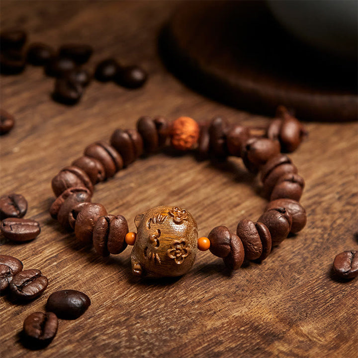 Braccialetto in legno di sandalo con chicchi di caffè veri e fatti a mano con gatto fortunato Buddha Stones - image 3