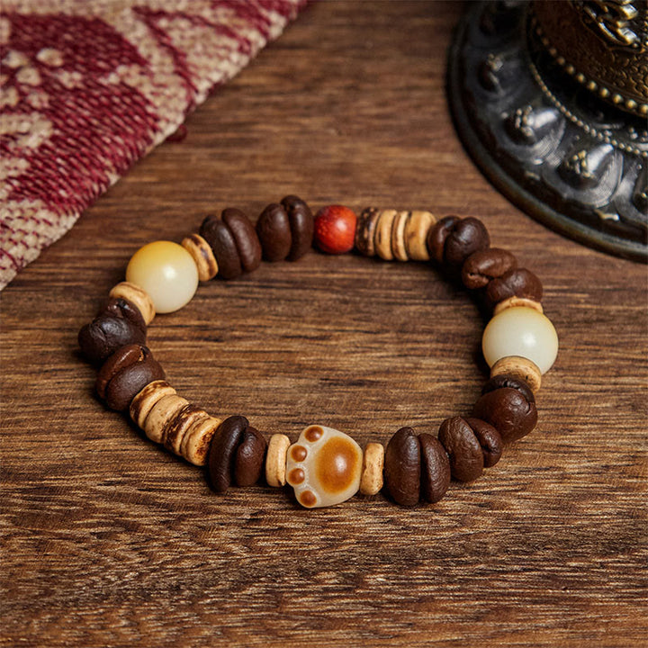 Braccialetto fatto a mano con chicchi di caffè e semi di Bodhi, Buddha Stones zampa di gatto - Chicco di caffè (circonferenza del polso: 16 cm) - image 1