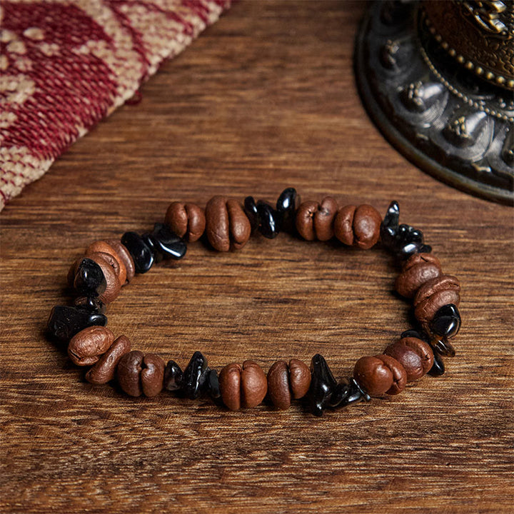 Bracciale Buddha Stones con chicchi di caffè naturali, ossidiana nera e quarzo rutilato - Ossidiana nera (circonferenza del polso: 17,5 cm) - image 1