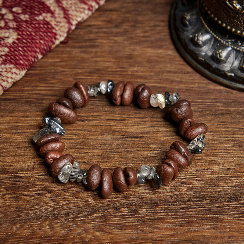 Bracciale Buddha Stones con chicchi di caffè naturali, ossidiana nera e quarzo rutilato - Quarzo rutilato (circonferenza del polso: 17,5 cm) - image 7