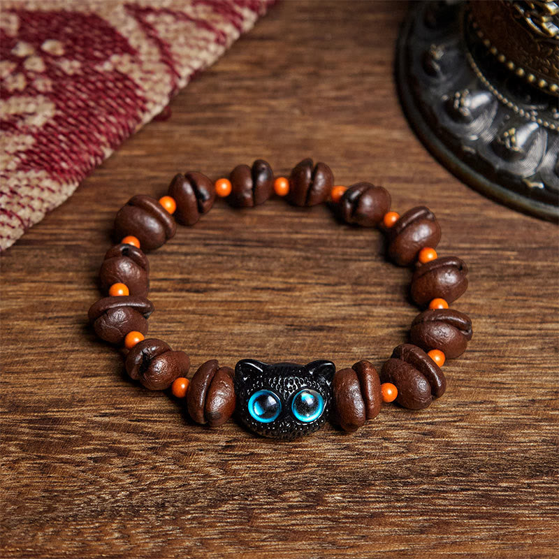 Bracciale Buddha Stones Naturali con Chicchi di Caffè e Gatto Carino - Occhi di gatto blu (circonferenza del polso: 17,5 cm) - image 1
