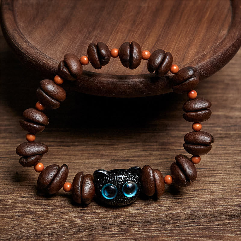 Bracciale Buddha Stones Naturali con Chicchi di Caffè e Gatto Carino - image 2