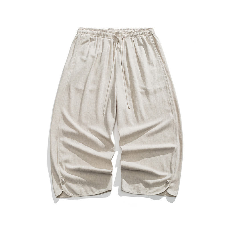 Buddha Stones Pantaloni casual larghi da uomo in cotone e lino con bottoni a rana, lunghezza 7-8, con tasche - image 1