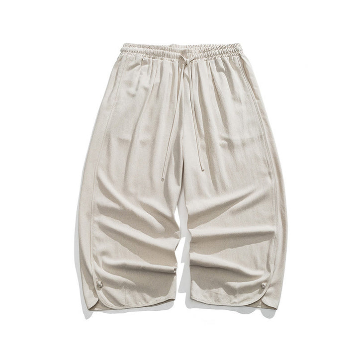 Buddha Stones Pantaloni casual larghi da uomo in cotone e lino con bottoni a rana, lunghezza 7-8, con tasche - image 1