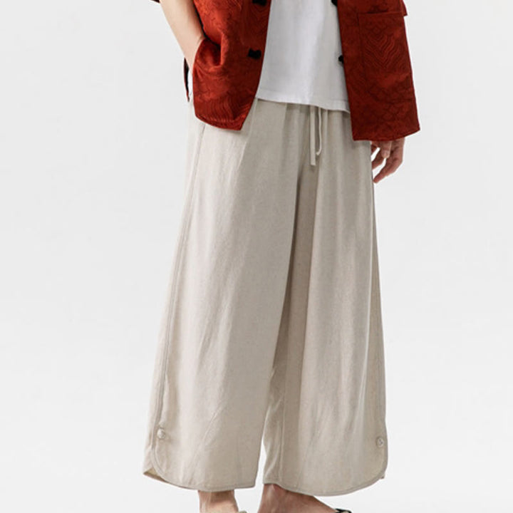 Buddha Stones Pantaloni casual larghi da uomo in cotone e lino con bottoni a rana, lunghezza 7-8, con tasche - image 5