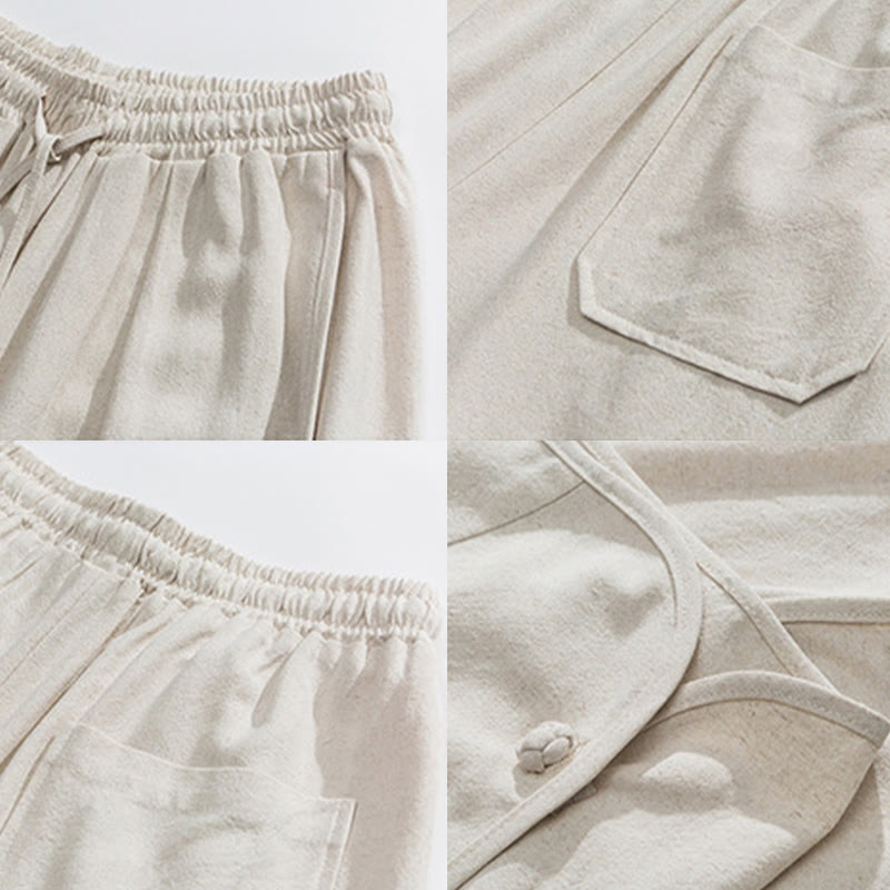 Buddha Stones Pantaloni casual larghi da uomo in cotone e lino con bottoni a rana, lunghezza 7-8, con tasche - image 9