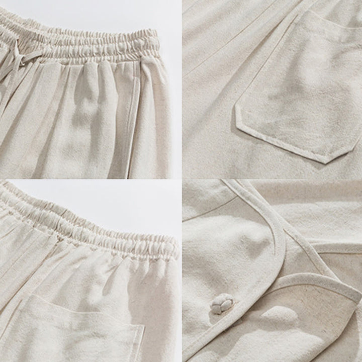 Buddha Stones Pantaloni casual larghi da uomo in cotone e lino con bottoni a rana, lunghezza 7-8, con tasche - image 9