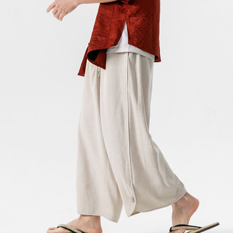 Buddha Stones Pantaloni casual larghi da uomo in cotone e lino con bottoni a rana, lunghezza 7-8, con tasche - image 2