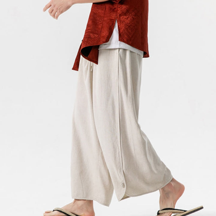 Buddha Stones Pantaloni casual larghi da uomo in cotone e lino con bottoni a rana, lunghezza 7-8, con tasche - image 2