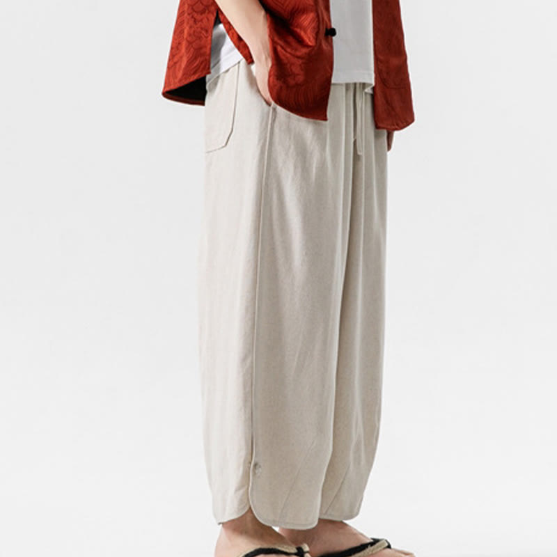 Buddha Stones Pantaloni casual larghi da uomo in cotone e lino con bottoni a rana, lunghezza 7-8, con tasche - image 3