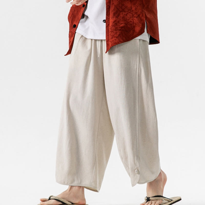 Buddha Stones Pantaloni casual larghi da uomo in cotone e lino con bottoni a rana, lunghezza 7-8, con tasche - image 7