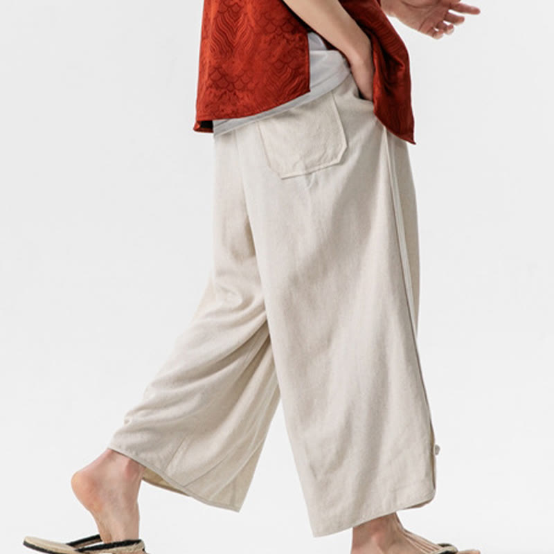 Buddha Stones Pantaloni casual larghi da uomo in cotone e lino con bottoni a rana, lunghezza 7-8, con tasche - image 4