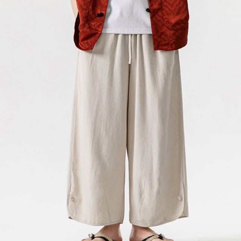 Buddha Stones Pantaloni casual larghi da uomo in cotone e lino con bottoni a rana, lunghezza 7-8, con tasche - image 6