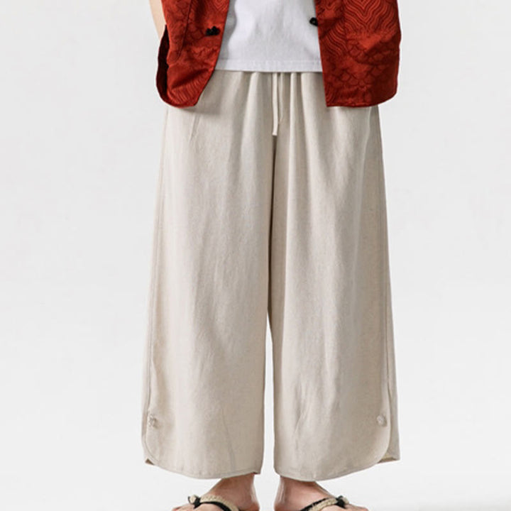 Buddha Stones Pantaloni casual larghi da uomo in cotone e lino con bottoni a rana, lunghezza 7-8, con tasche - image 6