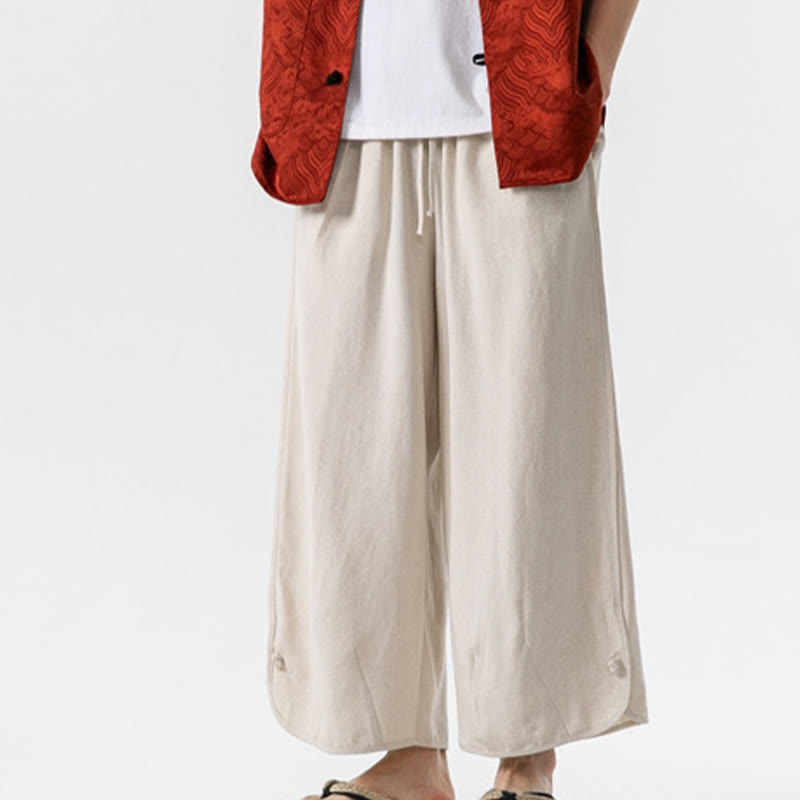 Buddha Stones Pantaloni casual larghi da uomo in cotone e lino con bottoni a rana, lunghezza 7-8, con tasche - Beige - US/UK/AU46, EU56 (5XL) - image 0