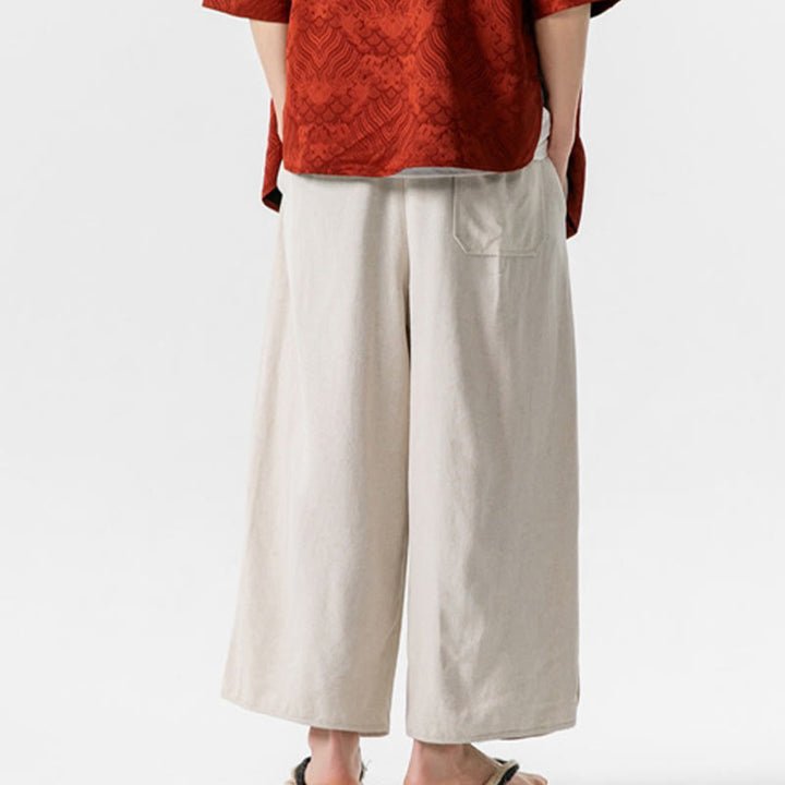 Buddha Stones Pantaloni casual larghi da uomo in cotone e lino con bottoni a rana, lunghezza 7-8, con tasche - image 8