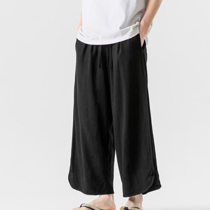 Buddha Stones Pantaloni casual larghi da uomo in cotone e lino con bottoni a rana, lunghezza 7-8, con tasche - image 16