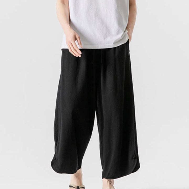 Buddha Stones Pantaloni casual larghi da uomo in cotone e lino con bottoni a rana, lunghezza 7-8, con tasche - image 14