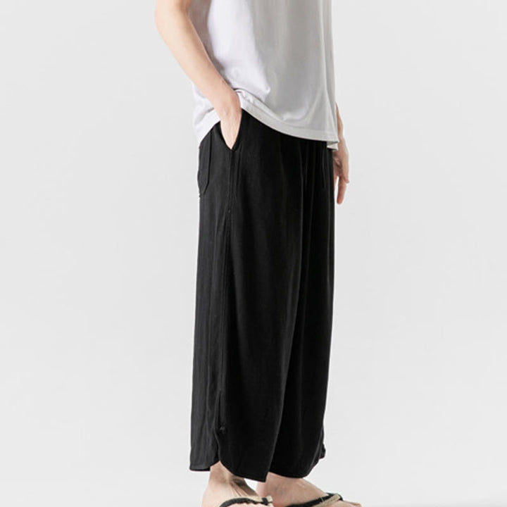 Buddha Stones Pantaloni casual larghi da uomo in cotone e lino con bottoni a rana, lunghezza 7-8, con tasche - image 17