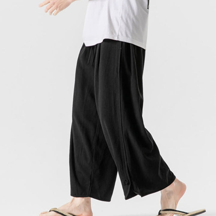 Buddha Stones Pantaloni casual larghi da uomo in cotone e lino con bottoni a rana, lunghezza 7-8, con tasche - image 18
