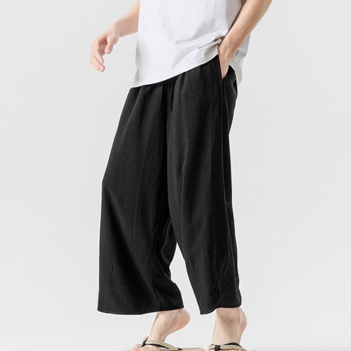 Buddha Stones Pantaloni casual larghi da uomo in cotone e lino con bottoni a rana, lunghezza 7-8, con tasche - image 19