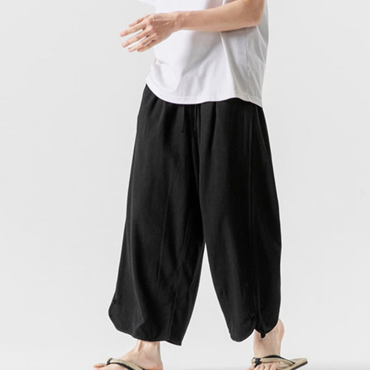 Buddha Stones Pantaloni casual larghi da uomo in cotone e lino con bottoni a rana, lunghezza 7-8, con tasche - image 25