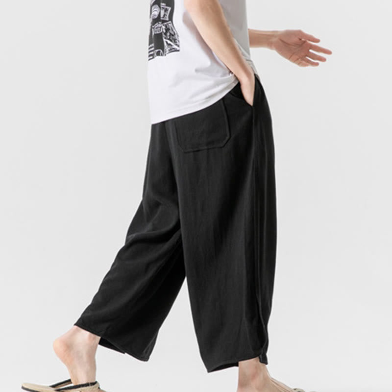 Buddha Stones Pantaloni casual larghi da uomo in cotone e lino con bottoni a rana, lunghezza 7-8, con tasche - image 23