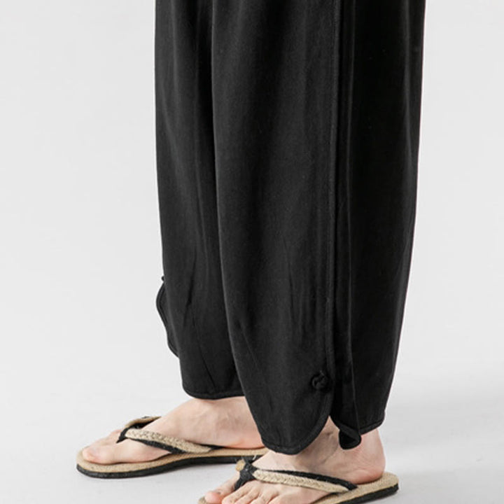 Buddha Stones Pantaloni casual larghi da uomo in cotone e lino con bottoni a rana, lunghezza 7-8, con tasche - image 22