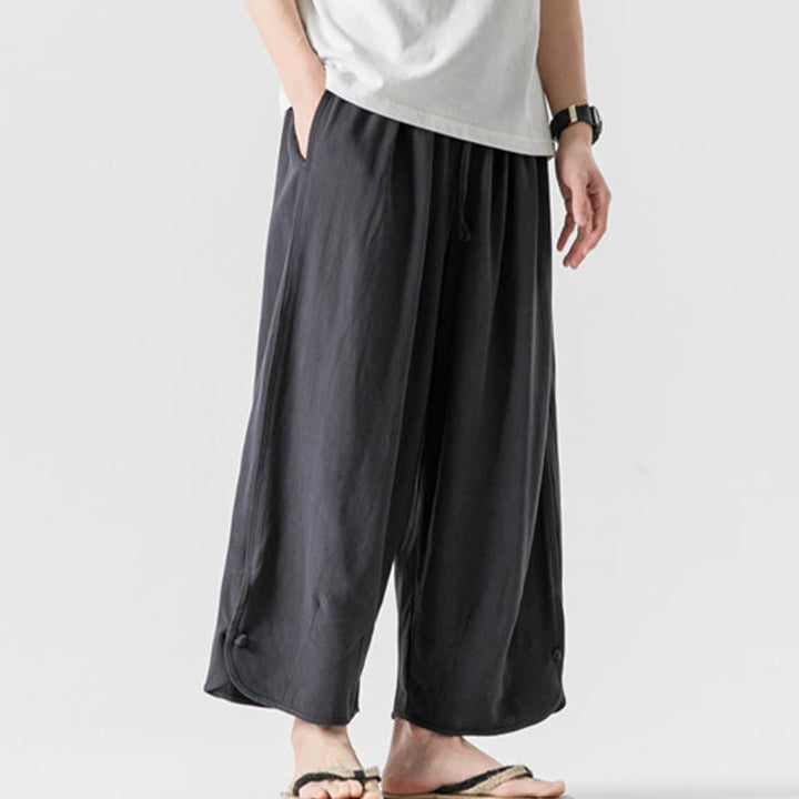 Buddha Stones Pantaloni casual larghi da uomo in cotone e lino con bottoni a rana, lunghezza 7-8, con tasche - image 34