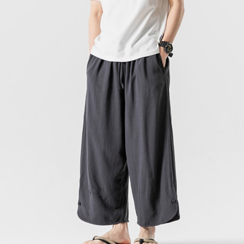 Buddha Stones Pantaloni casual larghi da uomo in cotone e lino con bottoni a rana, lunghezza 7-8, con tasche - image 29