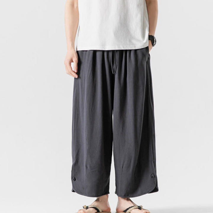Buddha Stones Pantaloni casual larghi da uomo in cotone e lino con bottoni a rana, lunghezza 7-8, con tasche - image 31