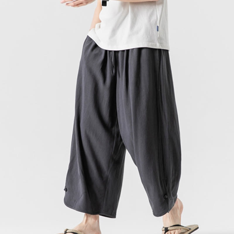 Buddha Stones Pantaloni casual larghi da uomo in cotone e lino con bottoni a rana, lunghezza 7-8, con tasche - image 33