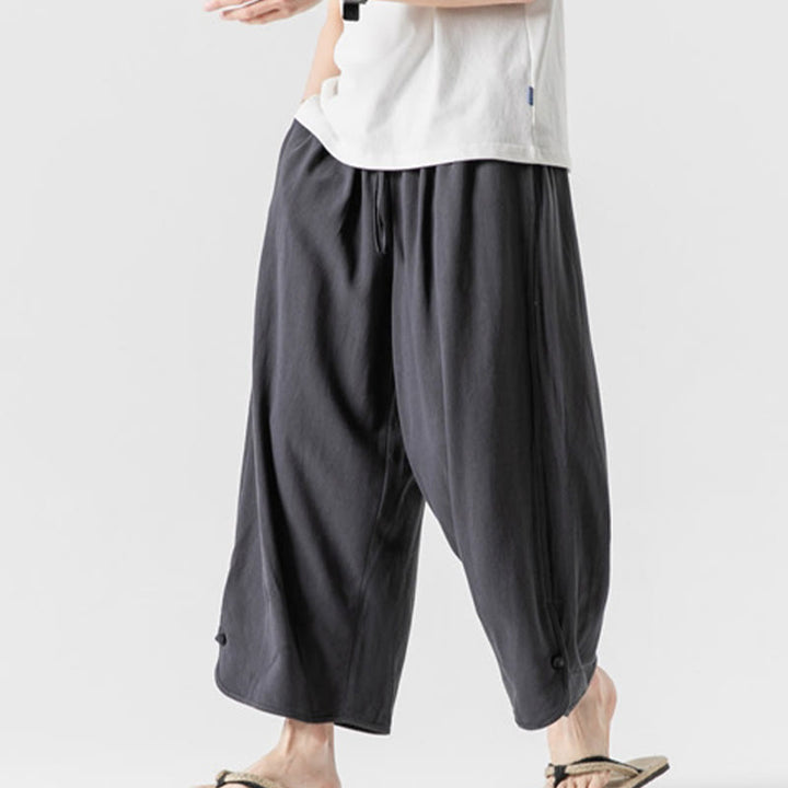 Buddha Stones Pantaloni casual larghi da uomo in cotone e lino con bottoni a rana, lunghezza 7-8, con tasche - image 33