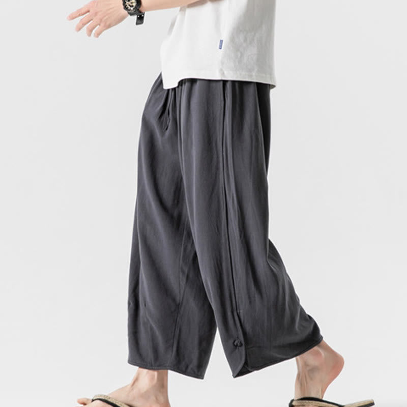 Buddha Stones Pantaloni casual larghi da uomo in cotone e lino con bottoni a rana, lunghezza 7-8, con tasche - image 36