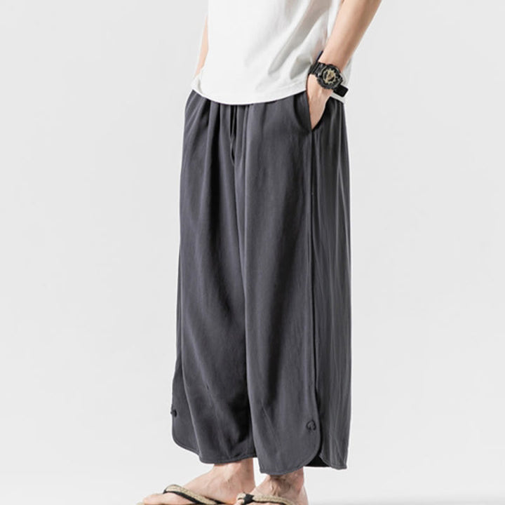 Buddha Stones Pantaloni casual larghi da uomo in cotone e lino con bottoni a rana, lunghezza 7-8, con tasche - image 30