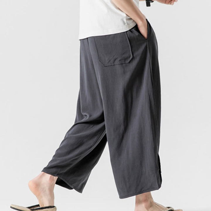 Buddha Stones Pantaloni casual larghi da uomo in cotone e lino con bottoni a rana, lunghezza 7-8, con tasche - image 35